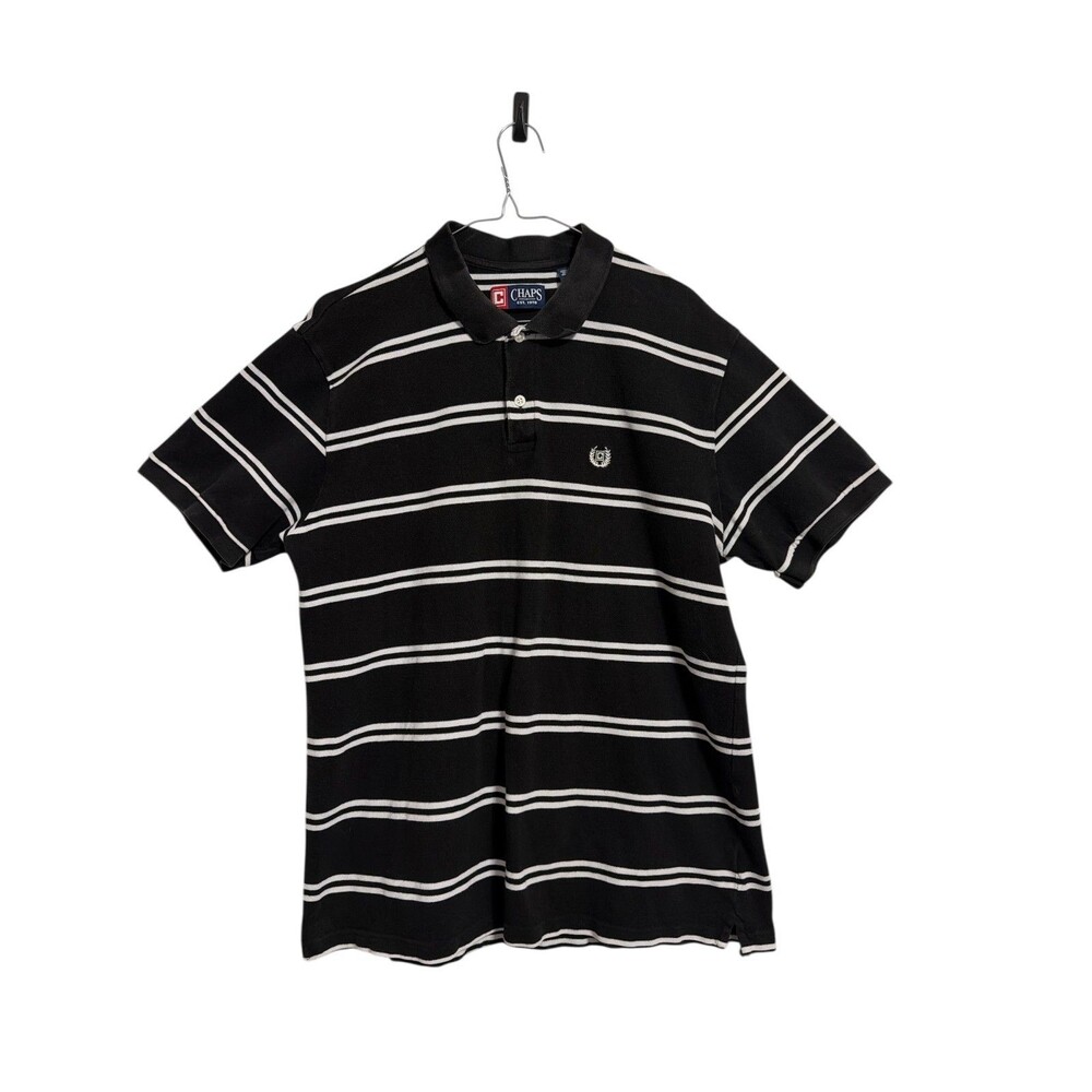 Chaps Polo Shirt Men XL‎ Black White Striped Short Sleeve Cotton Logo Pique